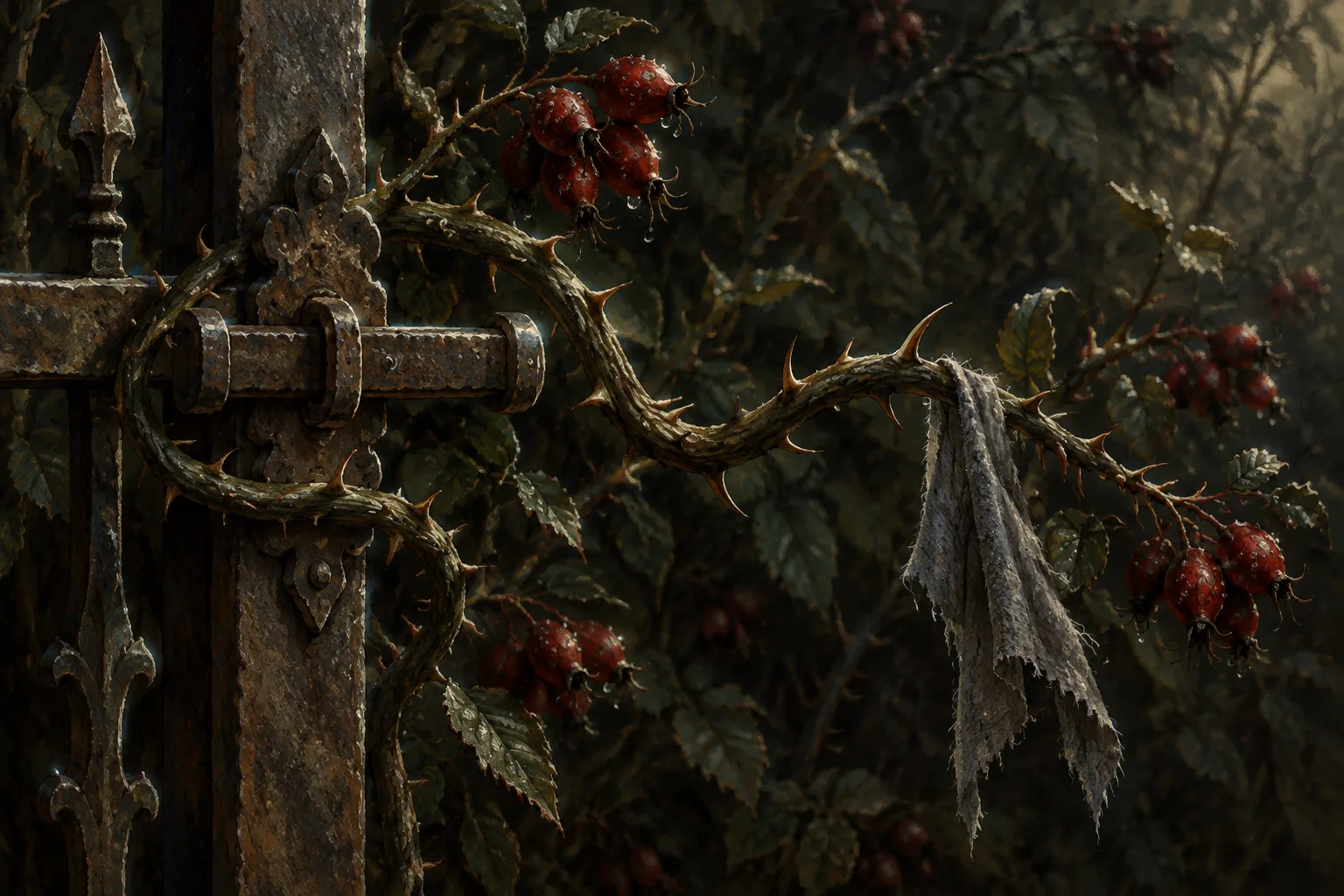 Gerendel besi gerbang pagar dililit batang duri, dengan buah merah berembun dan secarik kain kelabu tersangkut di satu duri.