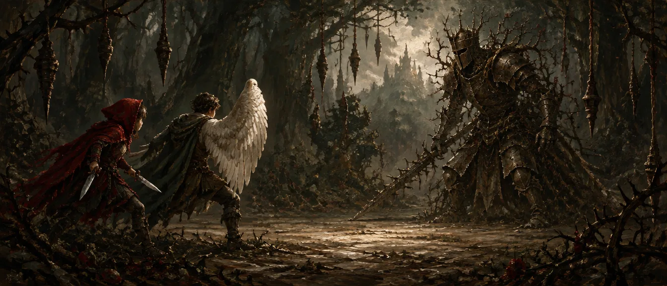 Scarlet Wick dengan dua pisau dan Ansel dengan sayap terangkat menghadapi Thorn Warden, ksatria dari zirah tua dan batang duri, di tanah lapang Spindlewood.