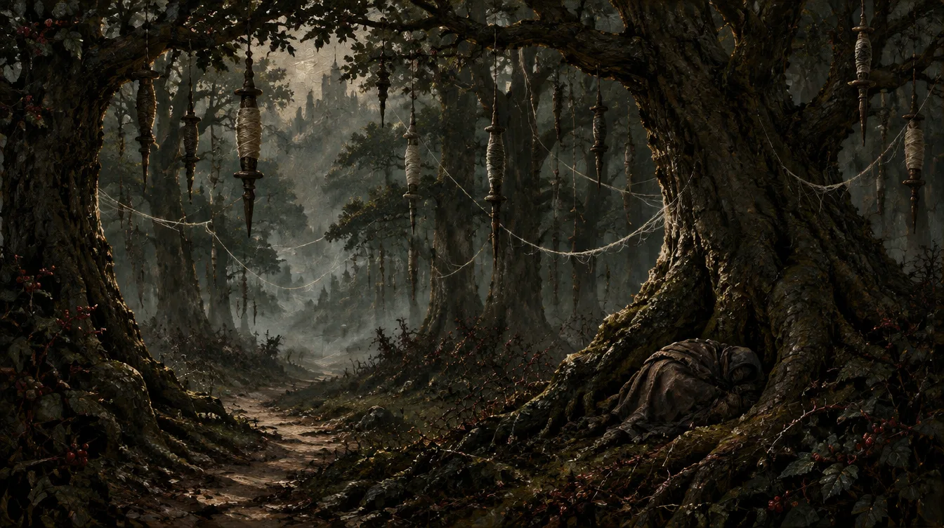 Hutan Spindlewood dengan jarum pintal tergantung di dahan, benang wol pucat terentang di antara batang, dan seorang pengembara meringkuk tidur di akar pohon ek.